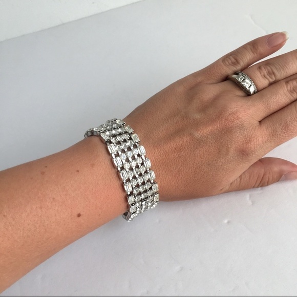 Vintage Rhinestone Bracelet Wide Runway Piece Festive Holiday Cocktail Party - Picture 3 of 9